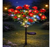 Memorial Garden Bloom Lights - Featuring Ultra-Realistic Artificial Petals, Solar-Powered & Weatherproof, 7 Heads IP65 Waterproof Stake Light for Yard Patio Lawn Cemetery (Red,Colorful Light)