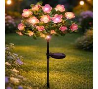 Memorial Garden Bloom Lights - Featuring Ultra-Realistic Artificial Petals, Solar-Powered & Weatherproof, 7 Heads IP65 Waterproof Stake Light for Yard Patio Lawn Cemetery (Pink,Warm Light)