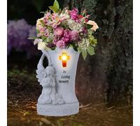 Memorial Gifts for Cemetery - Garden Angel Statue with Solar Led Light and Vases, Remembrance Gifts, Cemetary Grave Decorations (White)