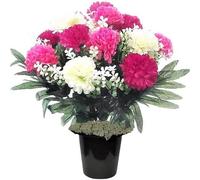 Memorial Grave Crem Pot Artificial Arrangement Pink Ivory Chrysanthemum with Moss for Graveside Cemetery Crematorium Gift for Birthday Mother's Day
