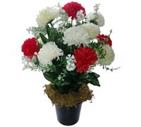 Memorial Grave Crem Pot Artificial Arrangement Red Ivory Chrysanthemum with Moss for Graveside Cemetery Crematorium Gift for Birthday Mother's Day