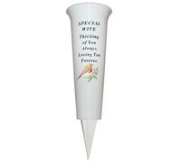 Memorial Grave Flower Pot - 33cm tall Sturdy White Memorial Graveside Flower Vase with Spike and Robin Image (Special Wife 8781)