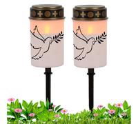 Memorial Grave Lights, Ritual Candle Lamps, Water-Resistant Stake Lanterns, Flickering Flame Effect, Solar Powered Set of 2 for Cemetery, Garden, Pathway, 2.6x2.6x4.53 Inches