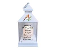 Memorial Lantern Battery Operated with Robin Design and Verse - Mum and Dad 1041