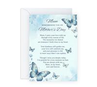 Memorial Mother’s Day Card - Remembering You Mum, Butterfly Design for Mama Mummy Her Ladies Women From Daughter Son Family - Blue Watercolour Remembrance Message -Comes with Stickers
