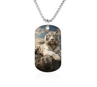 Memorial Necklace for Woman, Personalized Majestic Tiger Resting on A Rock with Cloudy Pendant with Rope Chain for Man, Titanium Steel Rectangle Necklace for Birthday, Anniversary Loving Memory