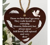 Memorial Plaque - Heart-Shaped Wooden Hanging Plaque - "Those We Love Don't Go Away" - Remembrance Gift with Dove & Feathers Design (Brown, Large: 23 cm (H) × 20 cm (W))