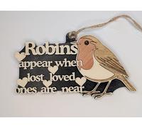 Memorial Robin Wooden Plaque, 'Robins Appear When Lost Loved Ones Are Near', 14cm x 8cm, Black and Natural Wood