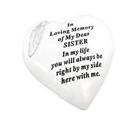 Memorial Stone Heart Plaques Grave Ornaments - Personalised Grave Decoration White & Silver Plaques with Feather- Outdoor Memorial Plaques 15 x 15cm (Sister)