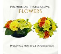 Memorials Direct Premium Artificial Grave Flowers - 24cm Orange Rose With Lily & Chrysanthemum | Weighted Pot