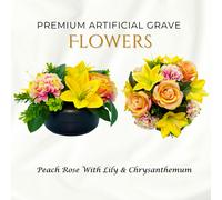 Memorials Direct Premium Artificial Grave Flowers - 24cm Peach Rose With Lily & Chrysanthemum | Weighted Pot