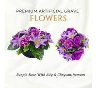 Memorials Direct Premium Artificial Grave Flowers - 24cm Purple Rose With Lily & Chrysanthemum | Weighted Pot