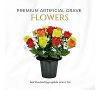 Premium Artificial Grave Flowers - 25Cm Orange Rosebud With Gypsophila Memorial Vase Pot