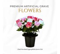Premium Artificial Grave Flowers - 25Cm Pink Rosebud With Gypsophila Memorial Vase Pot