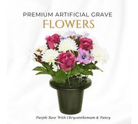 Premium Artificial Grave Flowers - 25Cm Purple Rose With Chrysanthemum & Pansy Memorial Vase Pot