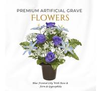Memorials Direct Premium Artificial Grave Flowers - 29cm Blue Frontal Lily With Rose & Fern & Gypsophila | Memorial Vase Pot
