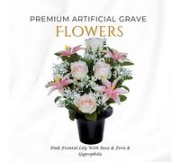 Memorials Direct Premium Artificial Grave Flowers - 29cm Pink Frontal Lily With Rose & Fern & Gypsophila | Memorial Vase Pot