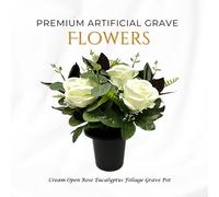 Memorials Direct Premium Artificial Grave Flowers - Cream Open Roses with Eucalyptus (25cm) | Memorial Vase Pot