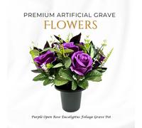 Memorials Direct Premium Artificial Grave Flowers - Purple Open Roses with Eucalyptus (25cm) | Memorial Vase Pot