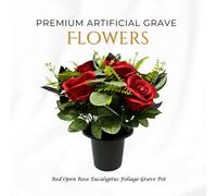 Memorials Direct Premium Artificial Grave Flowers - Red Open Roses with Eucalyptus (25cm) | Memorial Vase Pot