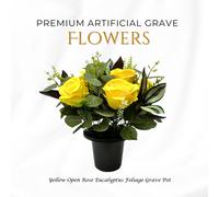 Memorials Direct Premium Artificial Grave Flowers - Yellow Open Roses with Eucalyptus (25cm) | Memorial Vase Pot