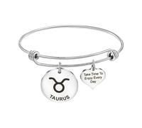 MEMORIALU Women Inspirational Charm Bangle Bracelet Engraved Take Time To Enjoy Every Day Constellations Heart Adjustable Bracelets Birthday Gift, Stainless Steel, stainless steel