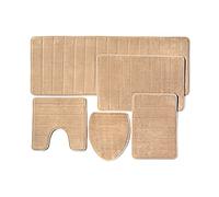 Memory Foam Bath Mats for bathroom by OverTheFloor™, Set of 5 Pieces, Moisture Absorber Soft Rugs Large and Anti Slip - Sink Mat, Shower Rug, Runner, Toilet Mat, Toilet Lid Cover - Beige