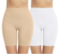Memoryee 2 Pack Women's Safety Boxer Shorts Leggings Anti Chafing Slip Underwear Seamless Stretchy Panties for Under Dresses and Yoga/Beige/White-2Pack/S