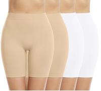 Memoryee 4 Pack Women's Safety Boxer Shorts Leggings Anti Chafing Slip Underwear Seamless Stretchy Panties for Under Dresses and Yoga/Beige/Beige/White/White-4Pack/M