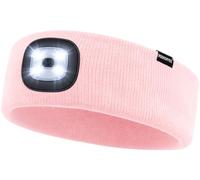 Memoryee LED Lighted Headband, 4 LED Ultra Bright USB Rechargeable Running Hiking Hands Free Head Torch Knit Stretch Wicking Headbands Gifts for Men and Women Sakura Pink