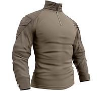 Memoryee Men's Military Tactical Army Combat Long Sleeve Shirt Slim Fit Camo T-Shirt with 1/4 Zipper and Pockets/Khaki/M