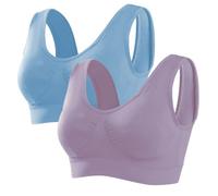 Memoryee Sports Bras Women 2 Pack Set Plus Size for Large Breasts Non Wired Inserts Washable Padded Push Up Multipack Vest Crop Top for Yoga Running Jogging Gym Purple Grey+Lake Blue XL