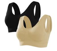 Memoryee Sports Bras Women 2 Pack Set Plus Size for Large Breasts Non Wired Inserts Washable Padded Push Up Multipack Vest Crop Top for Yoga Running Jogging Gym Black+Beige 3XL