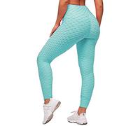 Memoryee Women's Honeycomb Waffle Leggings Ruched Butt Lift High Waisted Chic Sport Tummy Control Plus Size Workout Gym Yoga Stretchy Pants/Aqua Blue/L