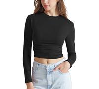 Memoryee Women's Long Sleeve Crew Neck T-Shirts Slim Fit Curved Layered Crop Tops Soft Basic Blouse Tee Cloud Pro Collection/Black/XS