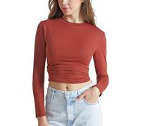 Memoryee Women's Long Sleeve Crew Neck T-Shirts Slim Fit Curved Layered Crop Tops Soft Basic Blouse Tee Cloud Pro Collection/Chocolate/XXL