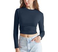 Memoryee Women's Long Sleeve Crew Neck T-Shirts Slim Fit Curved Layered Crop Tops Soft Basic Blouse Tee Cloud Pro Collection/Navy Blue/S
