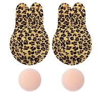 Memoryee Women's Push Up Adhesive Silicone Invisible Rabbit Bra Reusable Lifting Bra Cups Nipple Cover/Yellow Leopard-1Pair/XL(E/F Cup)