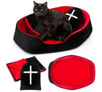 Memorywuu 3 Pcs Gothic Cat Bed Set with 19 Inch Washable Coffin Cat Bed Black Tombstone Pillow Red and Black Blanket Gothic Pet Furniture Activity Center for Halloween