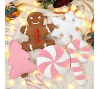 Memorywuu 5 Pcs Pastel Pink Christmas Throw Pillows Stuffed Plush Xmas Tree Gingerbread Man Snowflake Pillow Stripe Candy Cane Peppermint Shape Cushion for Home Sofa Bed Couch Living Room