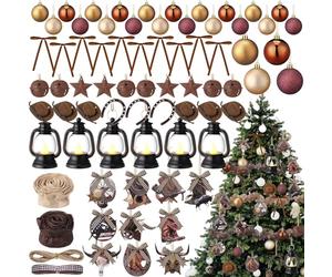 Memorywuu 64 Pcs Western Tree Ornaments Set Cowboy Hanging Decoration West Theme Mini Cowboy Hats Lantern Rodeo Velvet Bows Rustic Stars for Holiday Country Party Favors Supplies