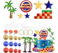 MEMOVAN Hedgehog Cake Topper 29PCS Cartoon Themed Happy Birthday Cake Topper Red Blue Yellow Ball Cake Cupcake Toppers with Tree Circle Blue Hedgehog Stars for Kids Baby Shower Birthday