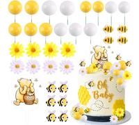 MEMOVAN Winnie Bear Cake Topper Winnie Baby Shower Cake Decorations Pooh Bear Toppers Yellow White Balls Cupcake Picks with Classic Pooh Bees Daisys Flowers for Oh Baby Bee Theme Shower Birthday Party