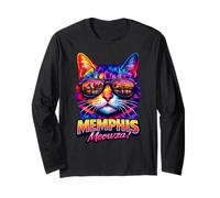Memphis Cat | Trendy Cool Colorful Kitten Sunglasses Lover Long Sleeve T-Shirt