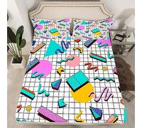 Memphis Fitted Sheet Single Size, Retro 80s or 90s Geometric Fashion Style Bed Cover with 1 Pillowcase, Vintage Hip Hop Bedding Set 2pcs for Kids Girls, Soft Polyester Bedding