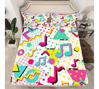 Memphis Music Bedding Set Geometric Rectangle Square Pattern Fitted Sheet Musical Note Bed Sheets Set for Kids Boys Girls Eighties Funky Hipster Room Decor Bed Set Single Size