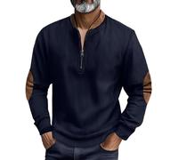 Men 1/4 Zip Pullover Quarter Zipper Waffle Sweatshirts Pockets Elbow Patches Texture Jumper Tops Long Sleeve Clothes(Navy, XL)