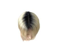 Men 100% Human Hair Ombre Microskin Male Prosthesis 0.08MM Double Knotted Men's Capillary Prothesis Toupee Men Wigs for Man Hair Topper(Dark Root White,Straight)