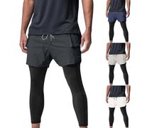Men 2 in 1 Running Pants Compression Gym Trousers with Pockets Elasticated Waist Sports Tights Solid Colour Drawstring Activewear Mens Sportswear for Basketball Cycling