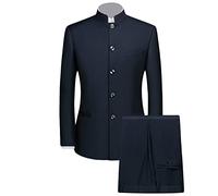 Men 2 Pieces Chinese Tunic Suit Mandarin Collar Blazer Set Button Jacket Pant Set Traditional Uniform Groom Dress, Dark Blue, 3XL